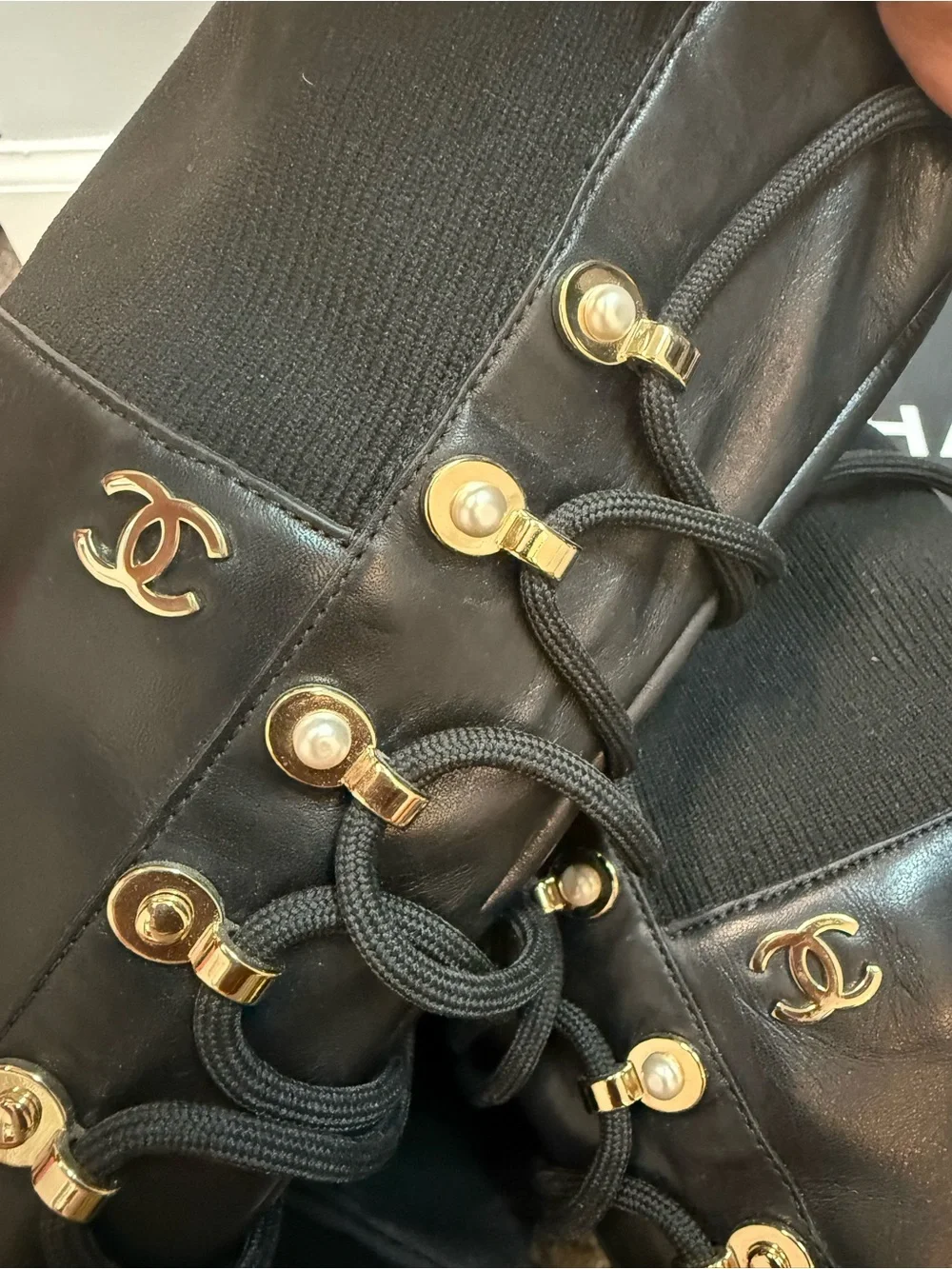 AUTHENTIC!! RARE!!!  Excellent.  CHANEL Tall Black Leather Lace-Up Biker boot